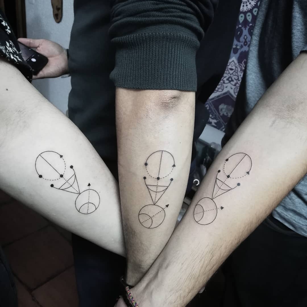 Three forearms with matching geometric tattoos featuring connected circles and lines
